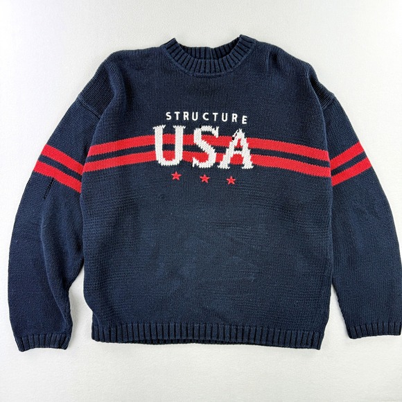 Vintage STRUCTURE Knit Sweater Size XL USA Striped Mens Navy/Red - Picture 1 of 7